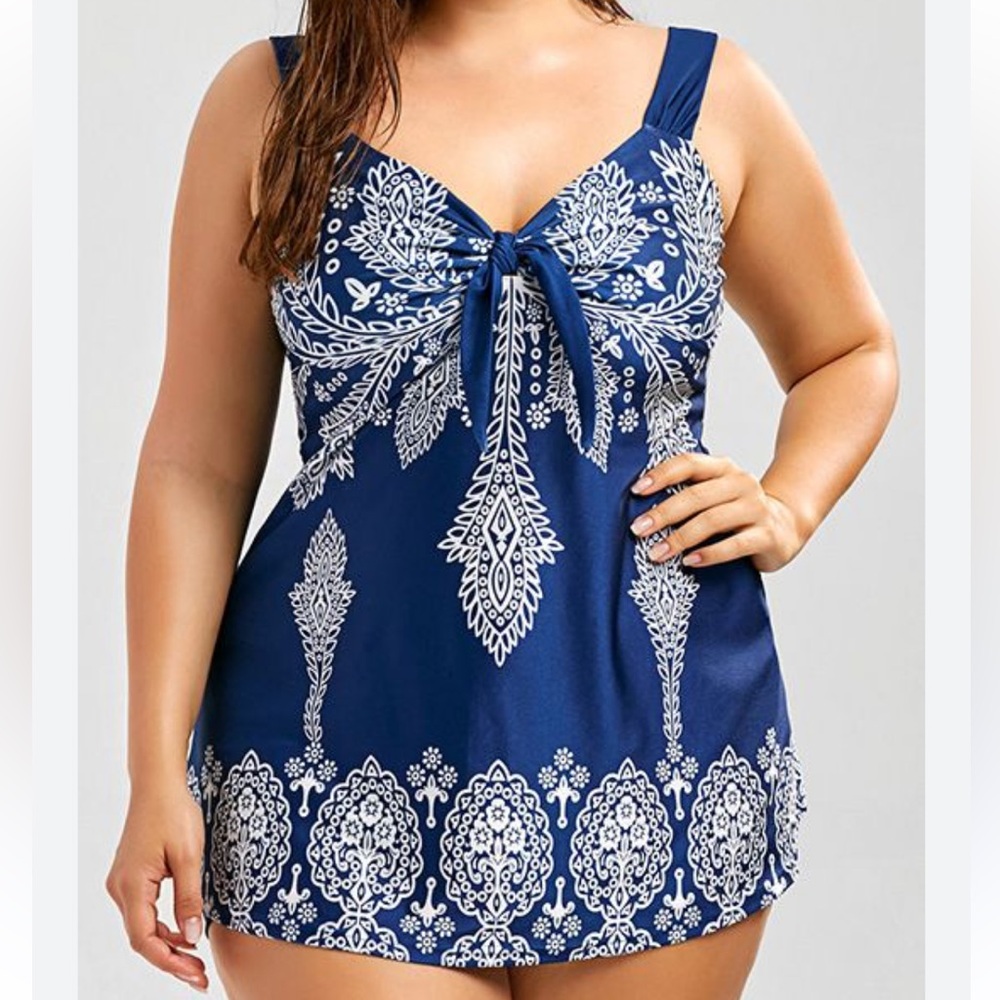 Navy & White pattern swimsuit with dress overlay - one piece swimwear NWOT XL